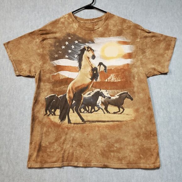 Liquid Blue Shirt Mens Large Brown Wild Horses Tie Dye Crew Neck Pullover Tee - Picture 1 of 6